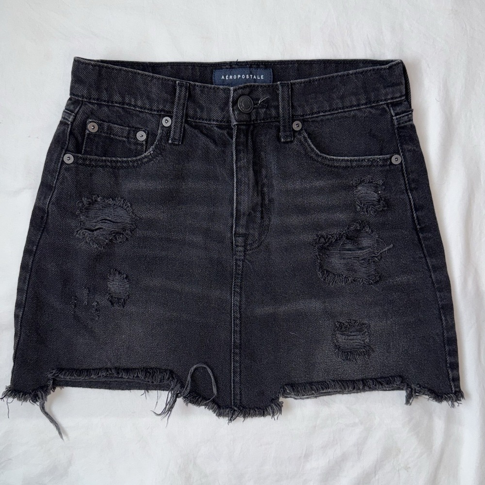 Aeropostale Black Distressed Denim Mini Skirt High Rise Raw Hem Size 0
